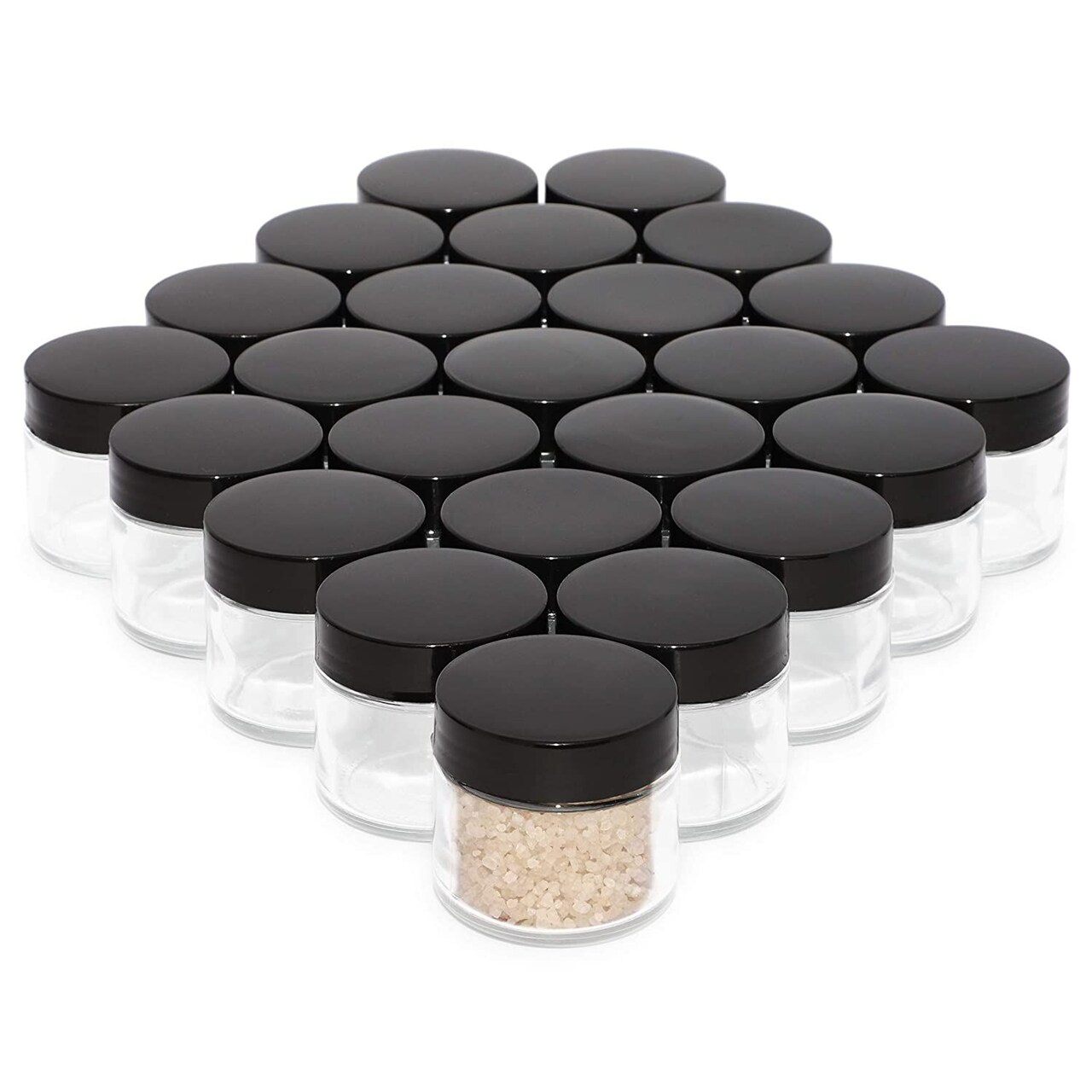 24 Pack 2 oz Empty Small Glass Jars with Black Lids, Clear Lotion Storage Containers for Body Butter, Powders & Body Scrub